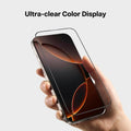 TORRAS GlassGo screen protector on iPhone 16 Pro Max, highlighting Ultra-clear Color Display.