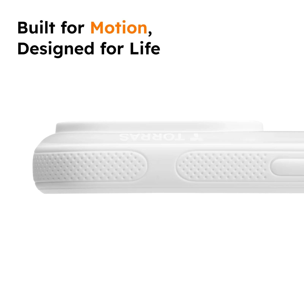 TORRAS Ostand O3 Fitness case for iPhone 16 Pro. White, textured grip, says 'Built for Motion, Designed for Life'.