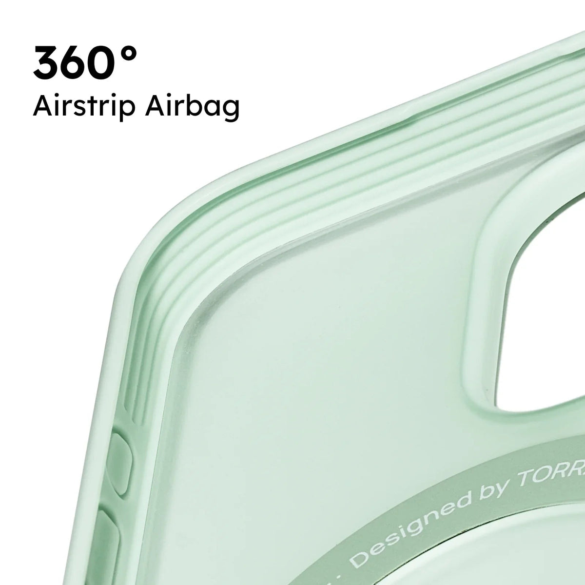 Light green TORRAS Ostand O3 Fitness iPhone 16 case with 360° Airstrip Airbag protection.