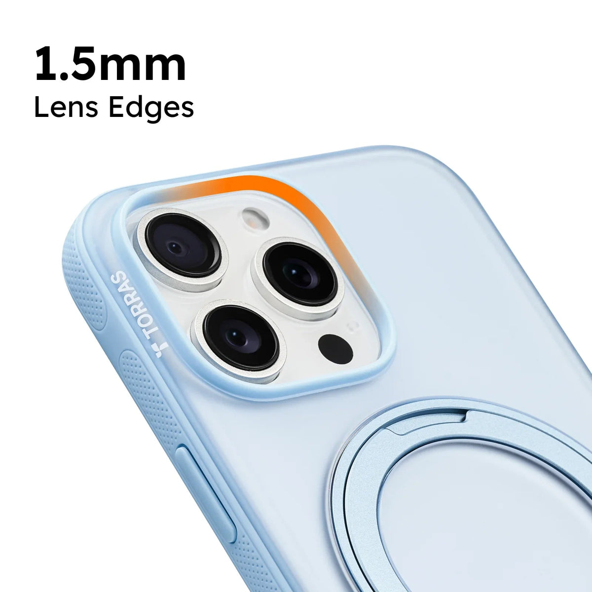 TORRAS Ostand O3 Fitness iPhone 15 case, light blue, 1.5mm lens protection, ring stand.