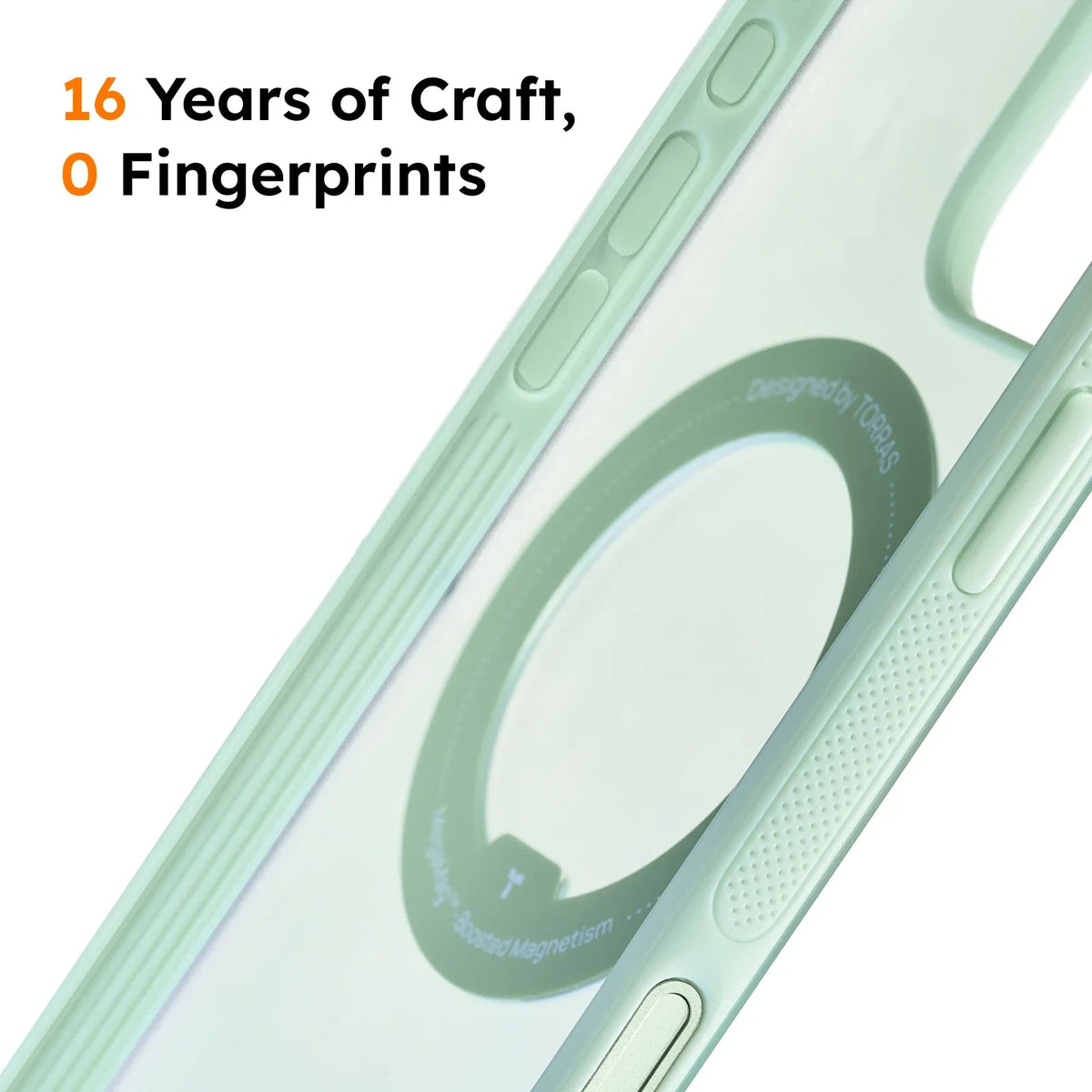 TORRAS Ostand O3 Fitness magnetic iPhone 16 case, light green, with '0 Fingerprints' text & magnetic ring.