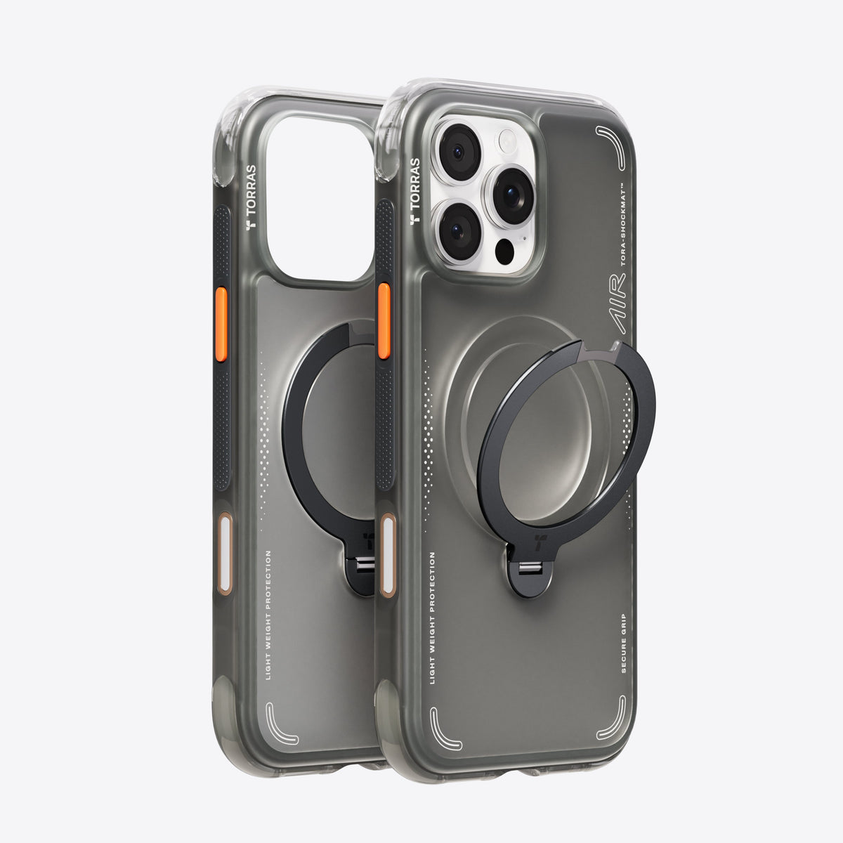 TORRAS Ostand Q3 Air case for iPhone 16 Pro: Smoky grey, magnetic ring stand, TORA-SHOCKMAT™.