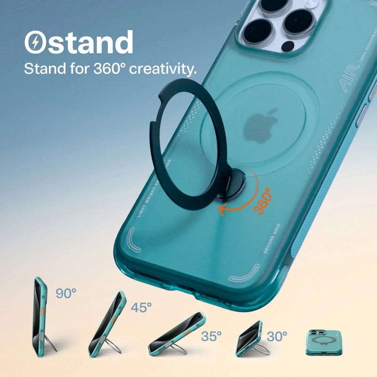 TORRAS Ostand Q3 Air case for iPhone 16 Pro Max: teal transparent with 360° magnetic ring stand.