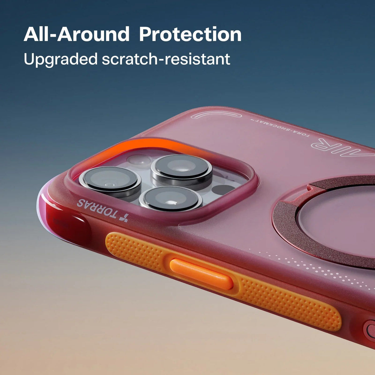 TORRAS Ostand Q3 Air iPhone 15 Pro case: all-around protection, scratch-resistant, orange accents.