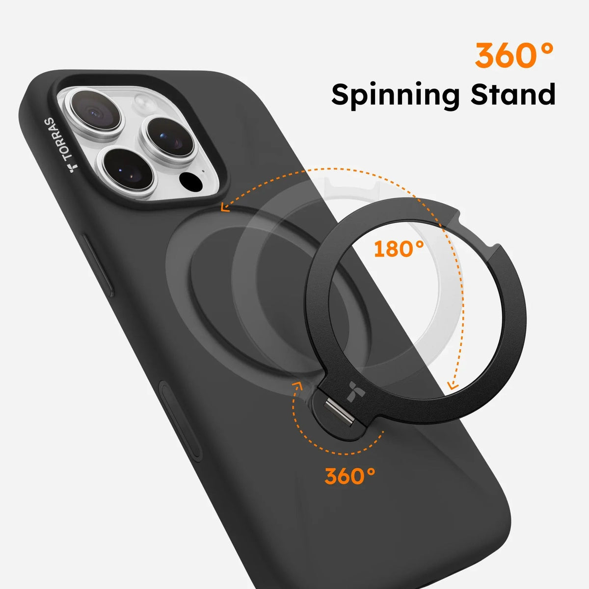 TORRAS Ostand Q3 black silicone case for iPhone 16 Pro Max with 360° spinning stand.