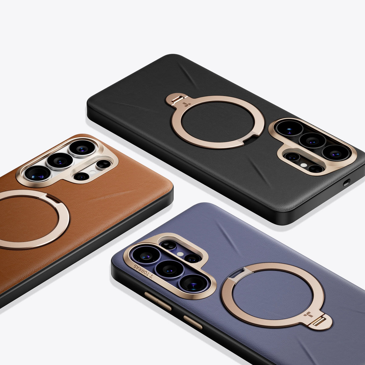 TORRAS Ostand Q3 VegSkin cases for Samsung S26 Series: brown, black, purple with gold magnetic stand.