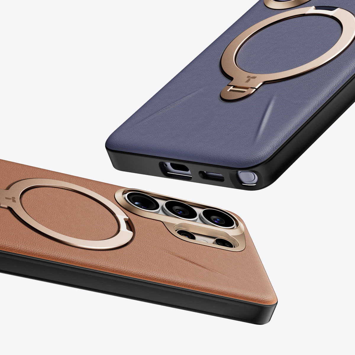 TORRAS Ostand Q3 VegSkin cases for Samsung S26 Series: blue & tan with rose gold ring stand.