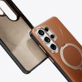 TORRAS Ostand Q3 VegSkin phone case: brown textured leather, gold ring stand for Samsung S26.