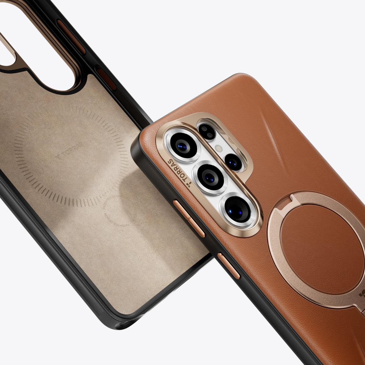 TORRAS Ostand Q3 VegSkin phone case: brown textured leather, gold ring stand for Samsung S26.