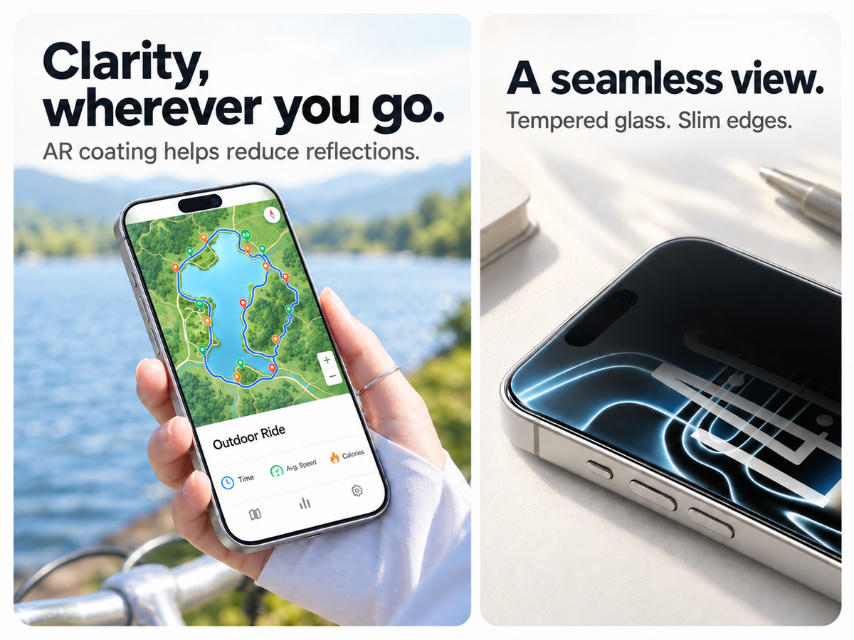 AR anti-reflective coating outdoors and slim tempered-glass edges