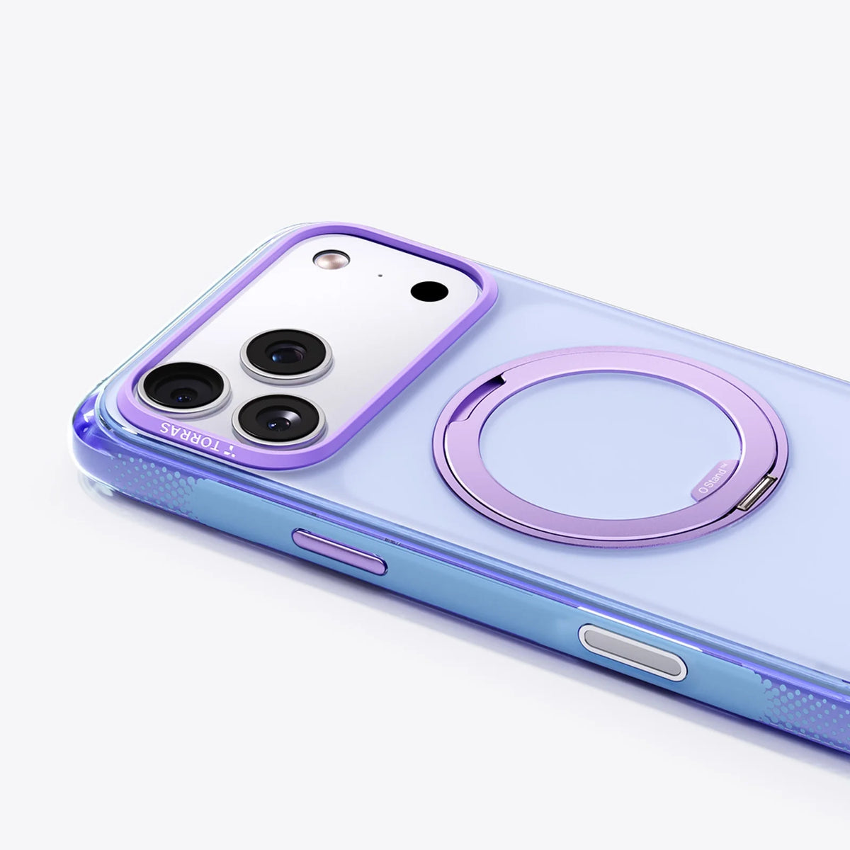 Clear TORRAS Ostand O3 Air Bios case for iPhone 17 Pro with purple ring kickstand.