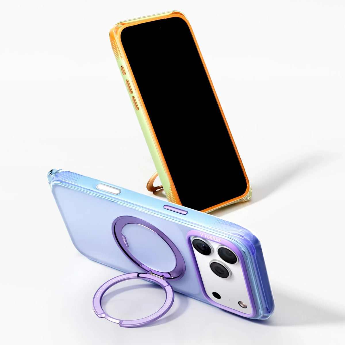 TORRAS Ostand O3 Air Bios iPhone 17 Pro case, translucent purple with magnetic ring stand.