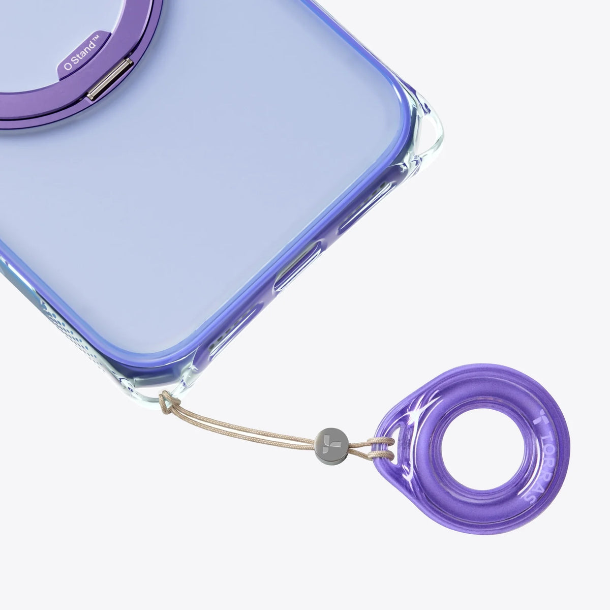 TORRAS Ostand O3 Air Bios iPhone 17 Pro case with purple integrated stand ring and strap