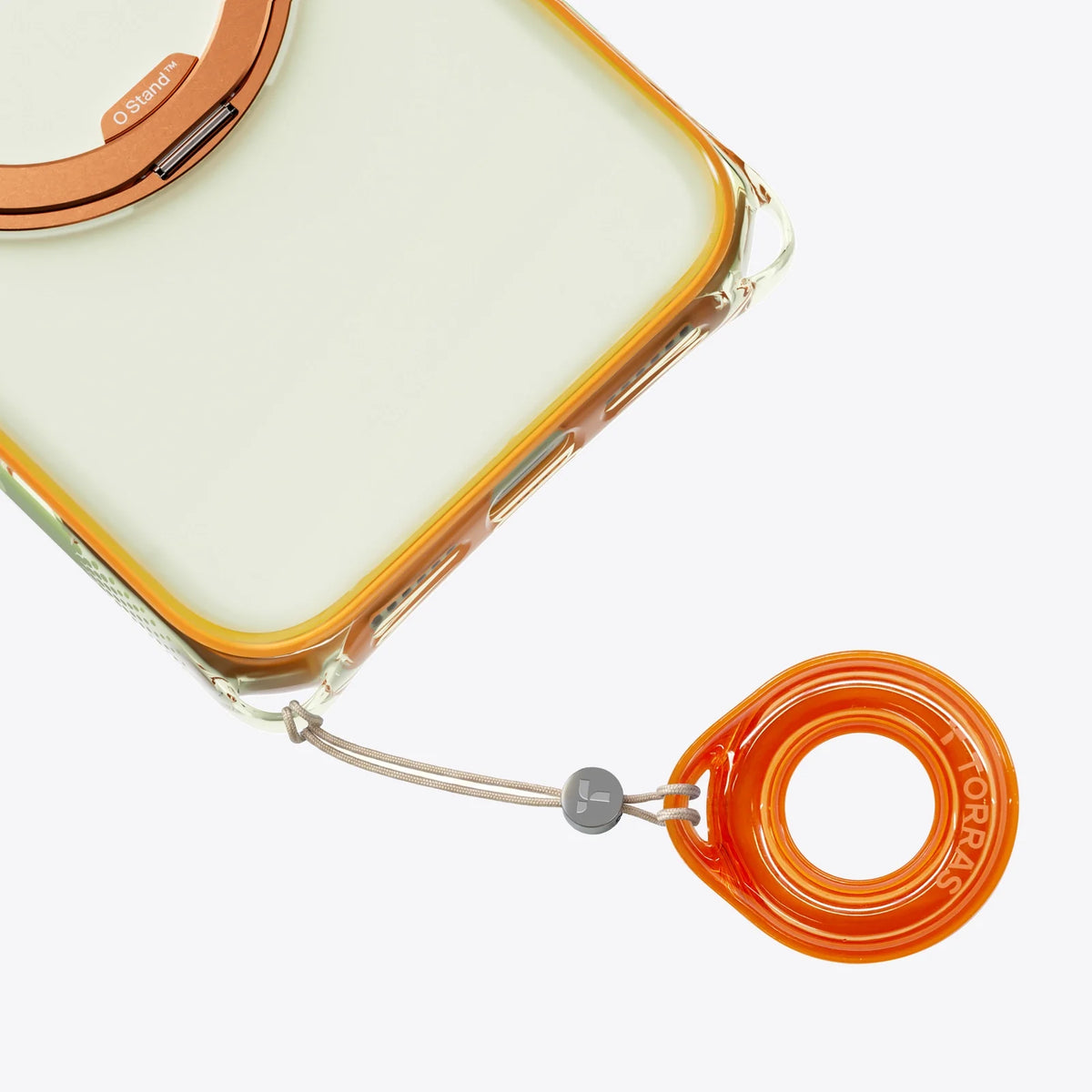 TORRAS Ostand O3 Air Bios iPhone 17 Pro case, clear with orange frame, magnetic stand, and lanyard.