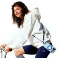 TORRAS Ostand O3 Air Bios case for iPhone 17 Pro, clear blue with purple ring stand & lanyard.