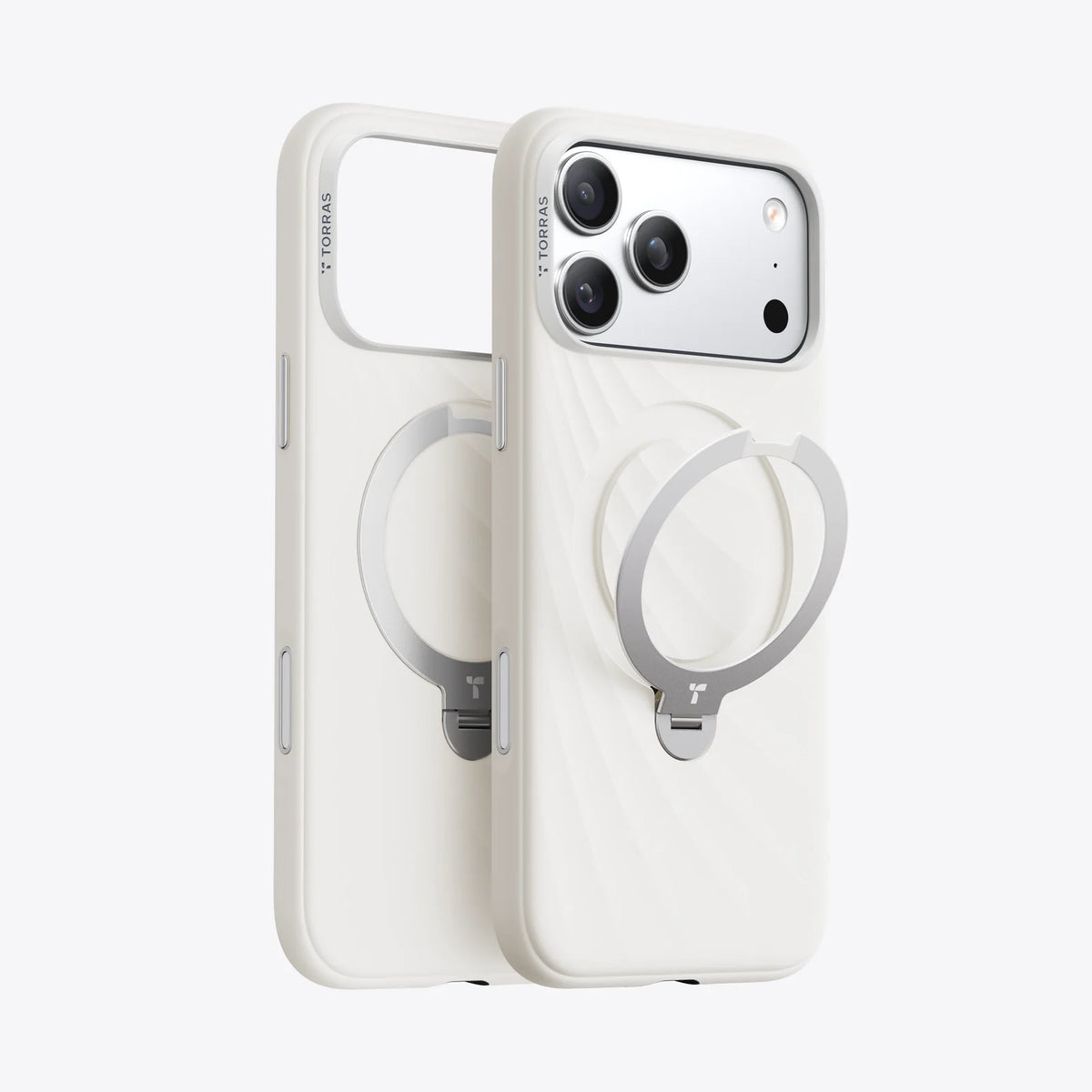TORRAS Ostand Q3 white silicone iPhone 17 Pro Max case with magnetic ring stand