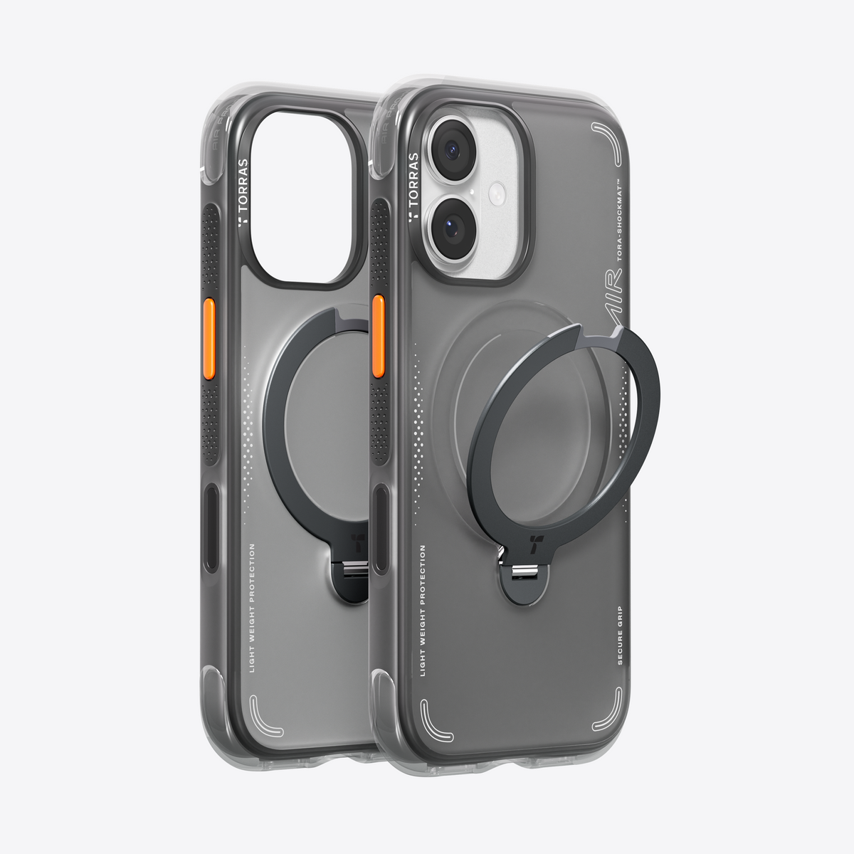 TORRAS Ostand Q3 Air slim case for iPhone 17 Pro, transparent grey, with magnetic ring stand.