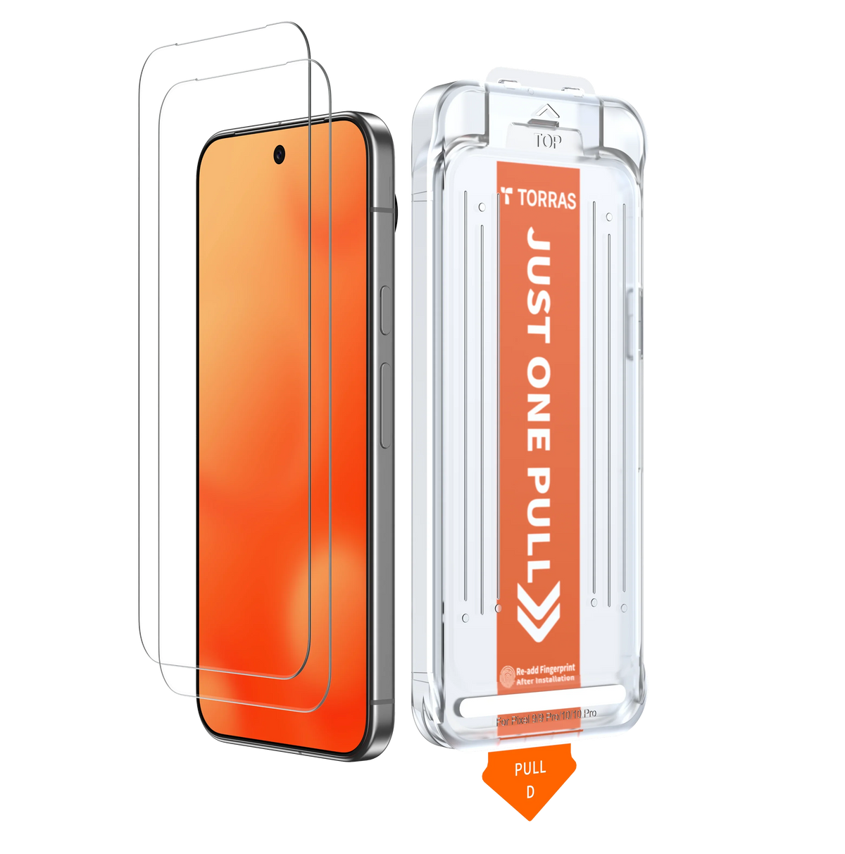 TORRAS GlassGo screen protector for Google Pixel 10 Pro XL with JUST ONE PULL applicator.
