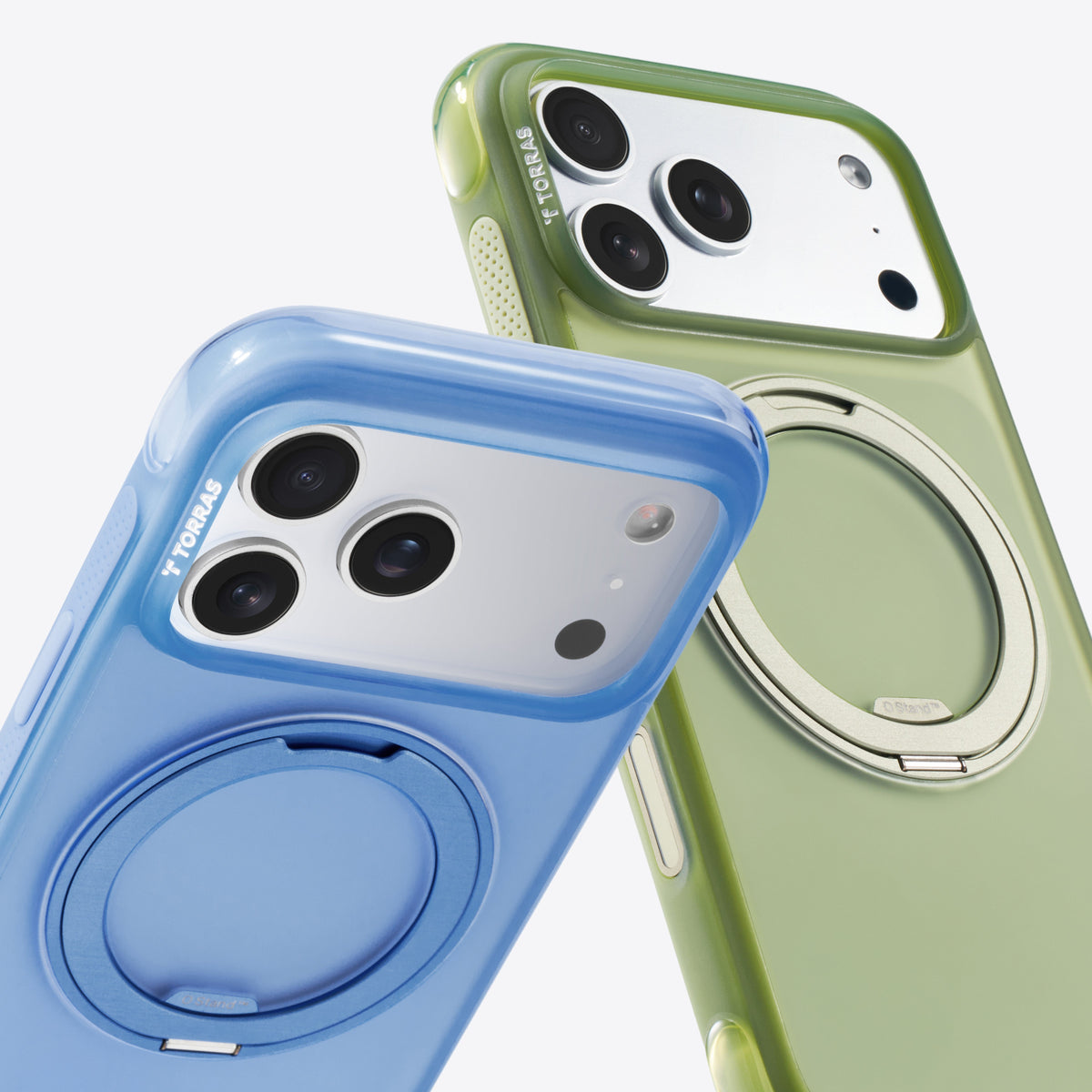 TORRAS Ostand O3 Air blue & green iPhone 17 Pro Max case with magnetic stand.