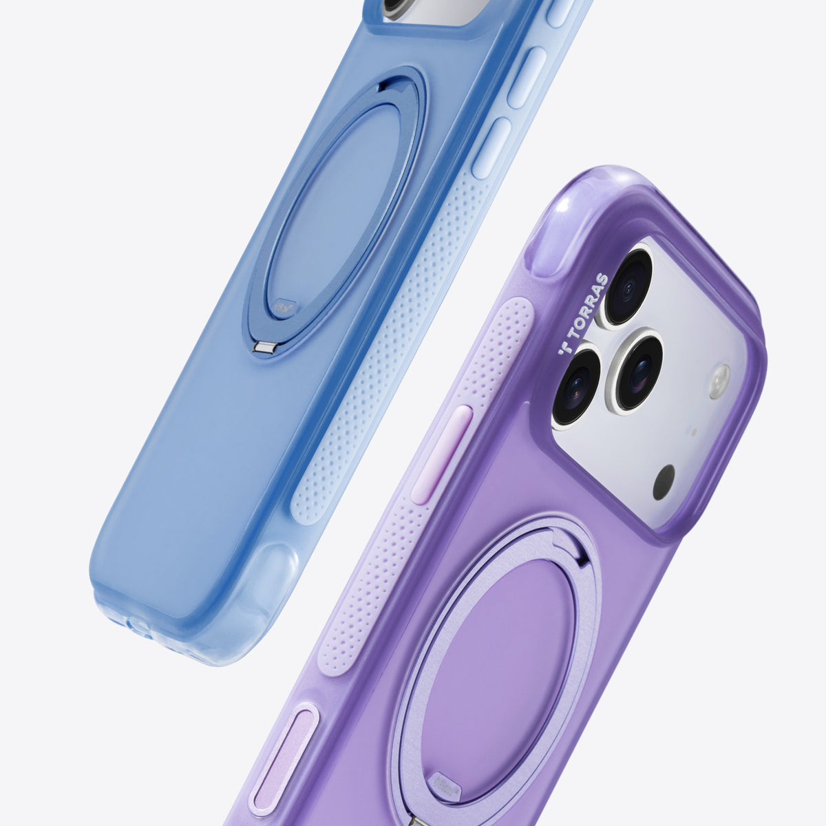 TORRAS Ostand O3 Air blue & purple iPhone 17 Pro Max cases with TORRAS logo and O Stand.