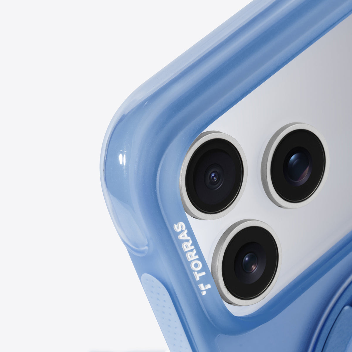 Blue TORRAS Ostand O3 Air case for iPhone 17 Pro Max with camera cutout.
