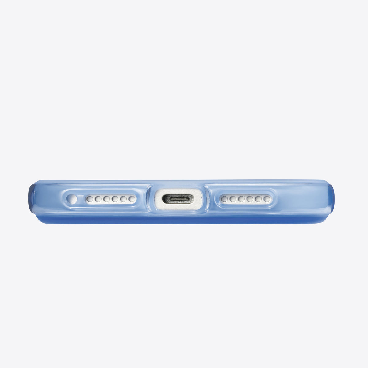 Blue TORRAS Ostand O3 Air case bottom view: USB-C port and speaker holes for iPhone 17 Pro Max