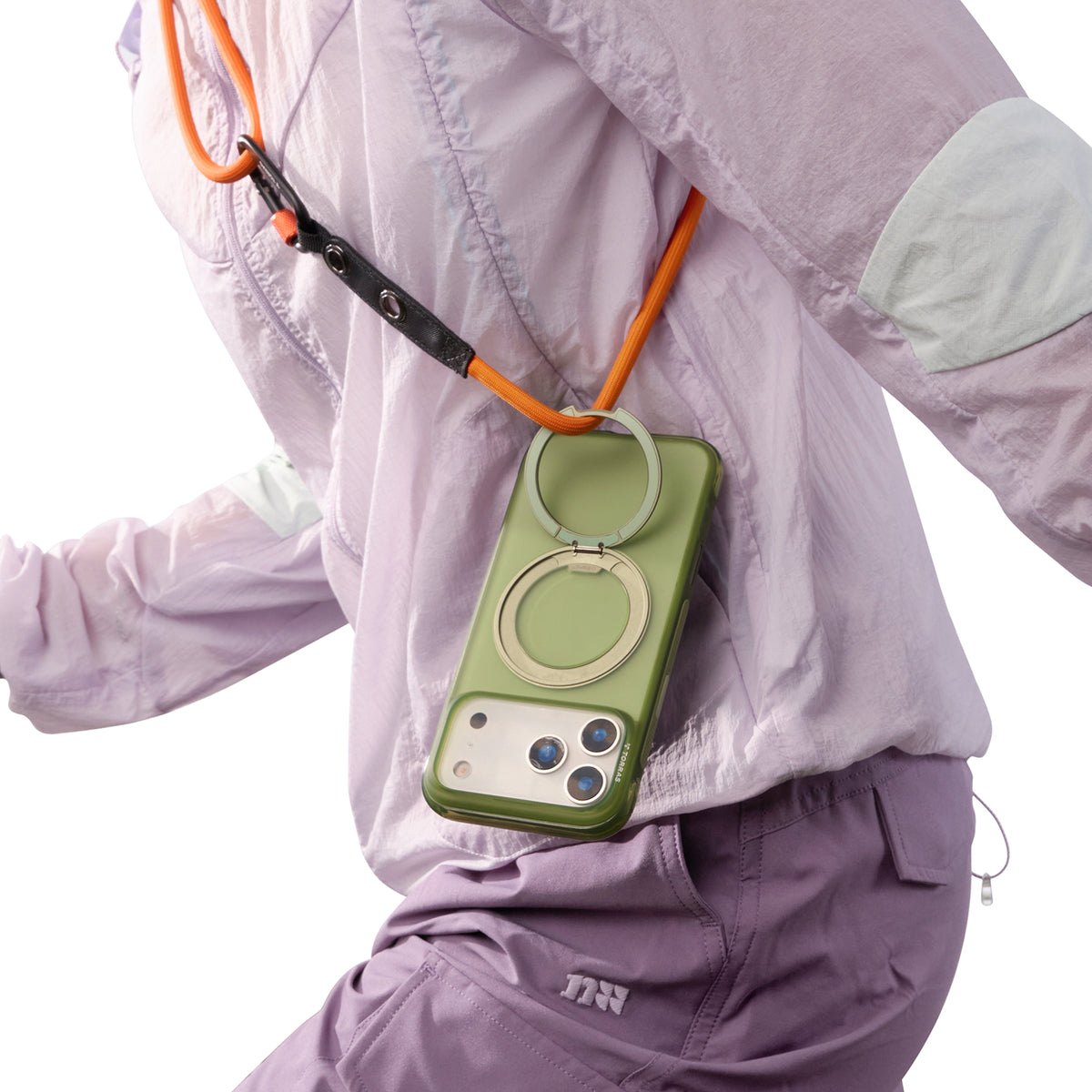 TORRAS Ostand O3 Air Classic green iPhone 17 Pro case with magnetic stand and lanyard.