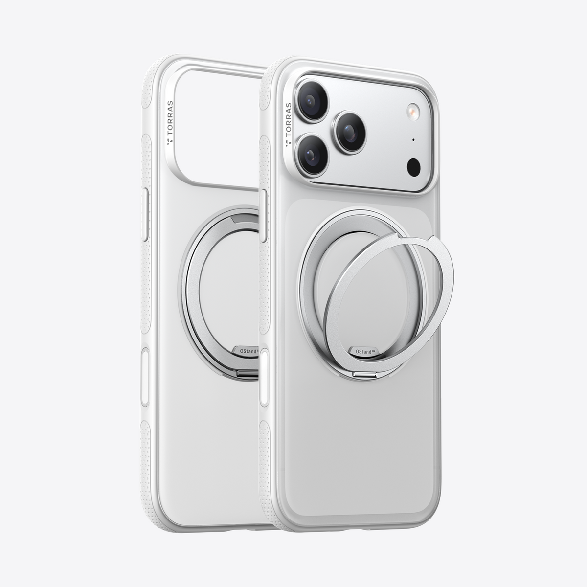 White TORRAS Ostand O3 Fitness case for iPhone 17 Pro with silver ring stand