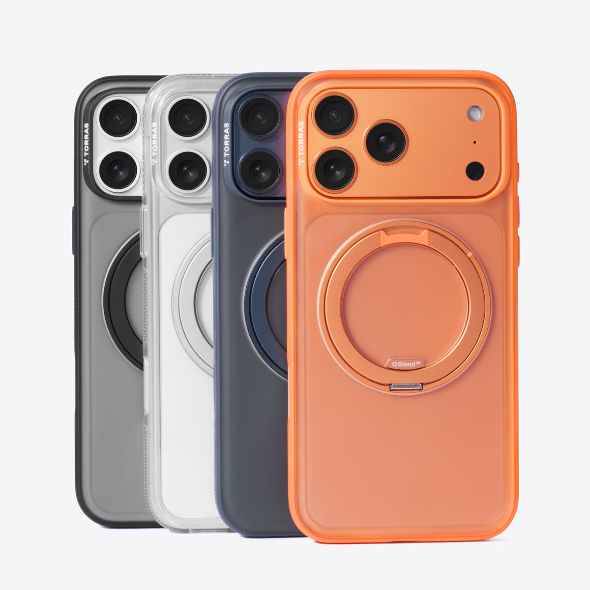 TORRAS Ostand O3 Fitness iPhone 17 Pro cases in grey, clear, navy, and orange with magnetic stand.