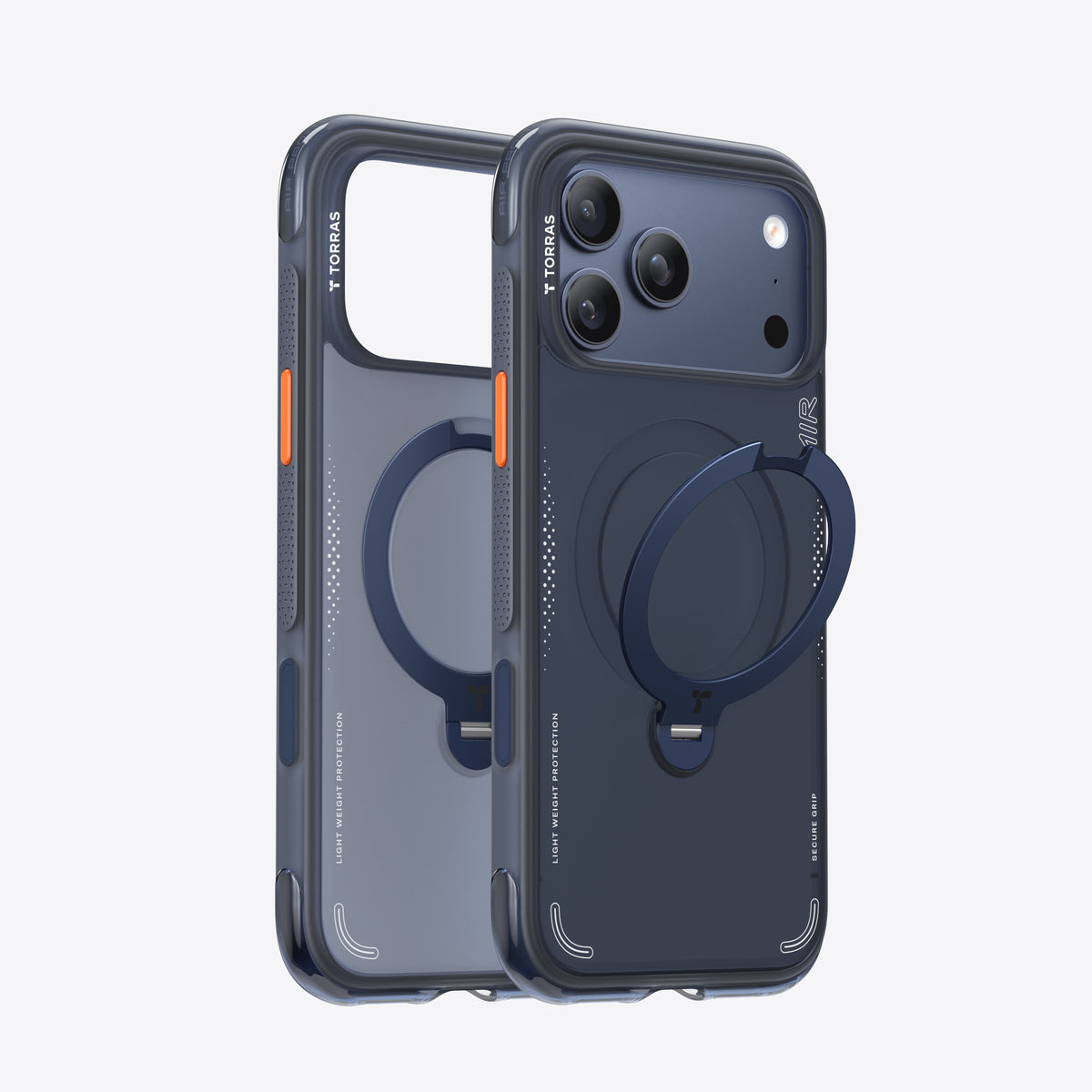 TORRAS Ostand Q3 Air dark blue case for iPhone 17 Pro Max with integrated ring stand. Lightweight, secure grip.