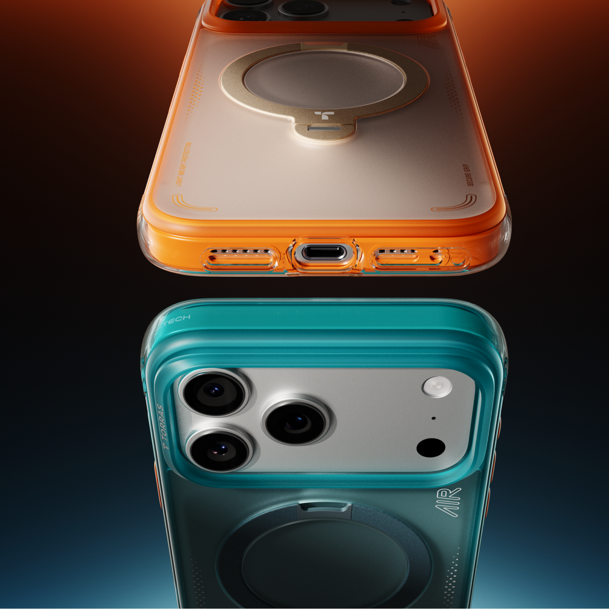TORRAS Ostand Q3 Air iPhone 17 Pro Max cases in teal & orange, magnetic stand, lightweight protection.