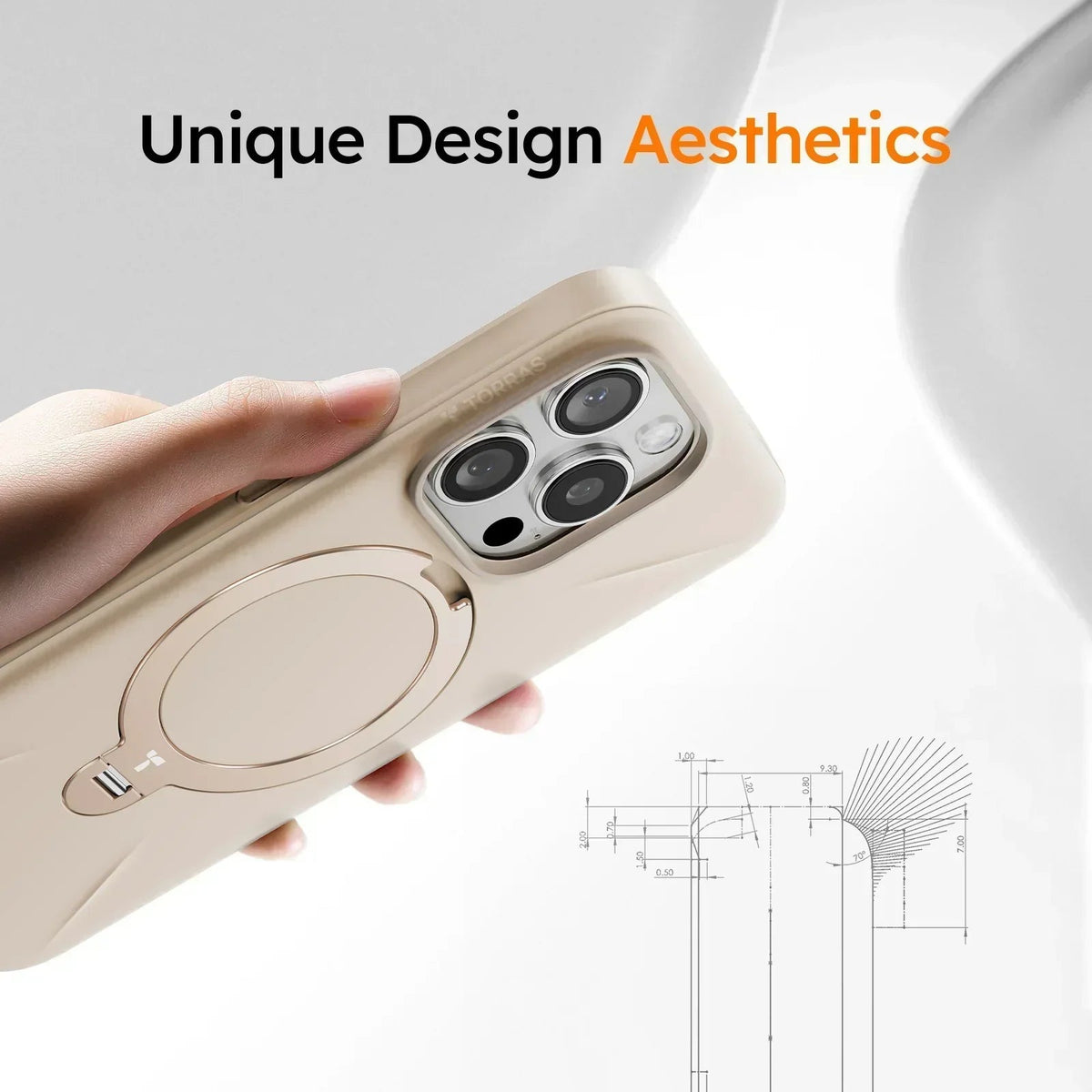 TORRAS Ostand Q3 Fusion case for iPhone 16 Pro Max, beige, with built-in magnetic stand.