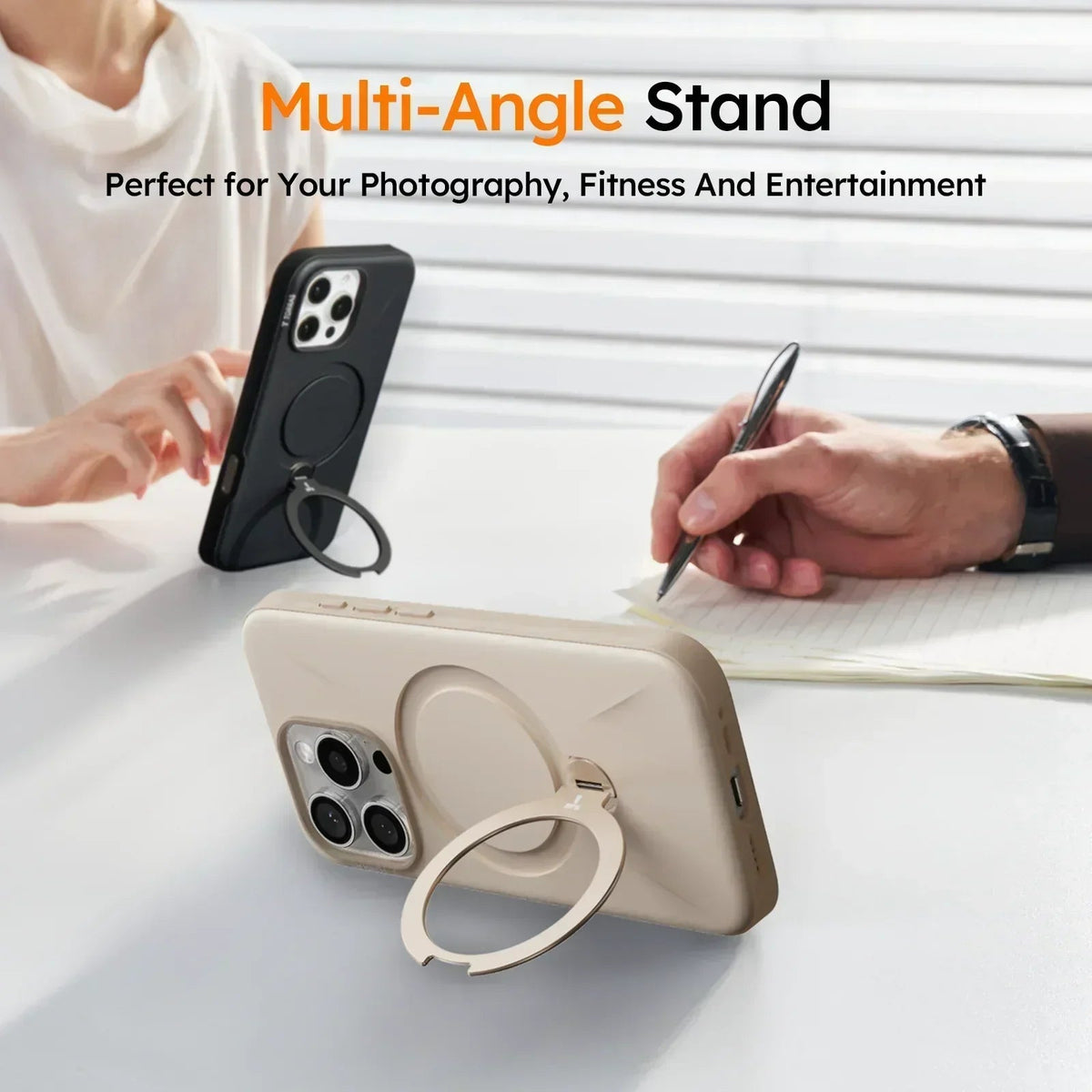 TORRAS Ostand Q3 Fusion iPhone 16 Pro Max case with integrated multi-angle ring stand.