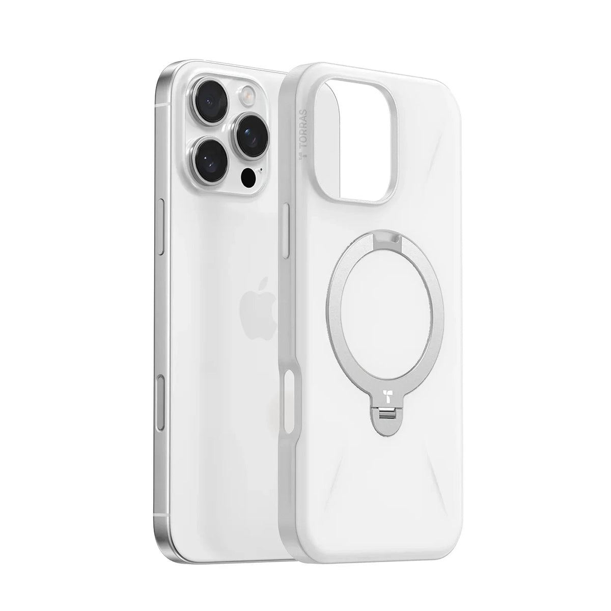 TORRAS Ostand Q3 Fusion clear case for iPhone 16 Pro with rotatable magnetic stand.
