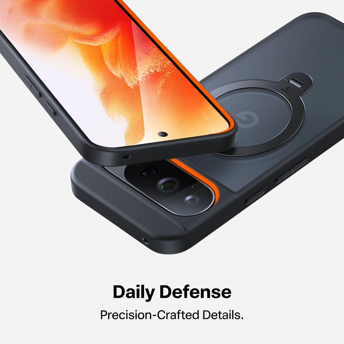 TORRAS Ostand Q3 Spin Pixel 10 Pro XL case: Daily Defense, magnetic stand, orange.