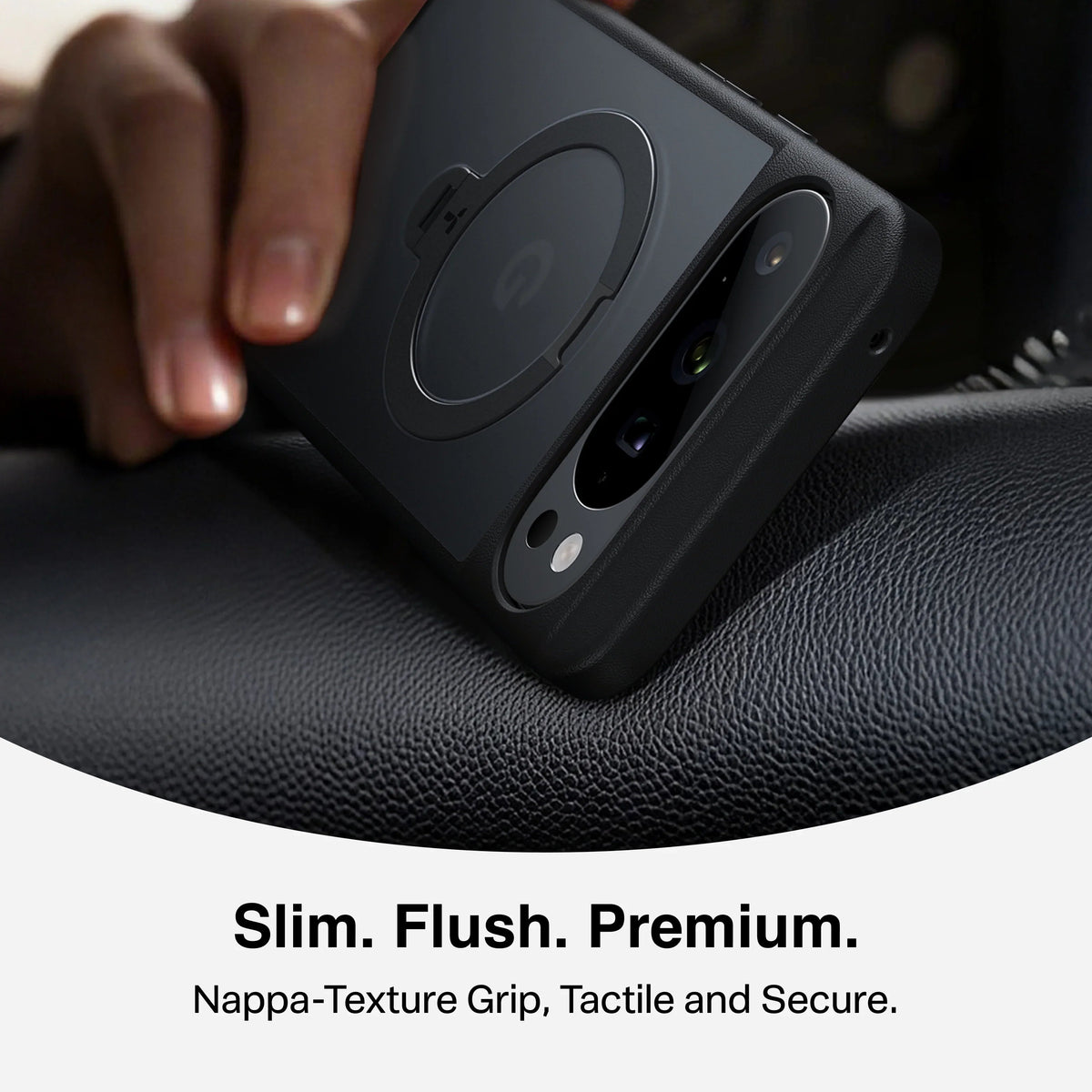 TORRAS Ostand Q3 Spin Pixel 10 Pro XL case. Slim, premium, Nappa-texture grip with magnetic stand.
