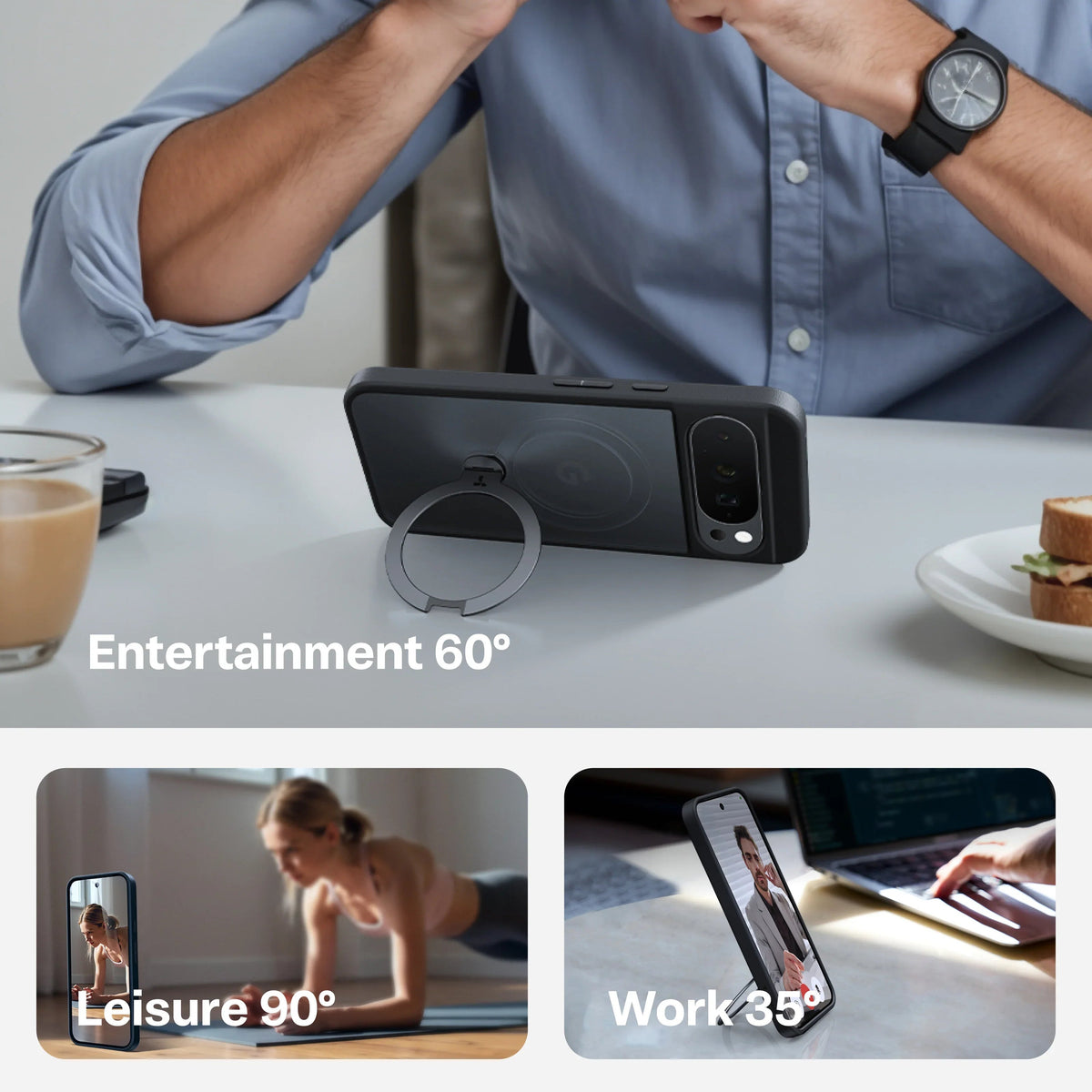 TORRAS Ostand Q3 Spin case for Pixel 10 Pro XL: magnetic stand shown for entertainment, leisure, work.
