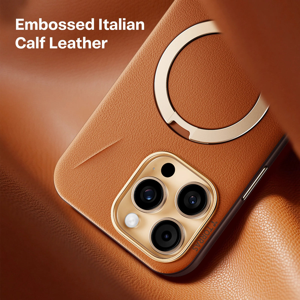 TORRAS Ostand Q3 VegSkin iPhone 16 Pro Max case: embossed Italian calf leather, gold ring.