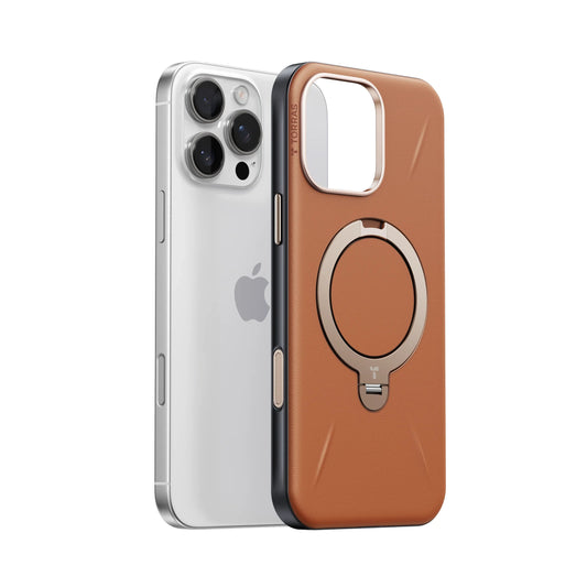 TORRAS Ostand Q3 VegSkin case in tan brown for iPhone 16 Pro with integrated ring stand.