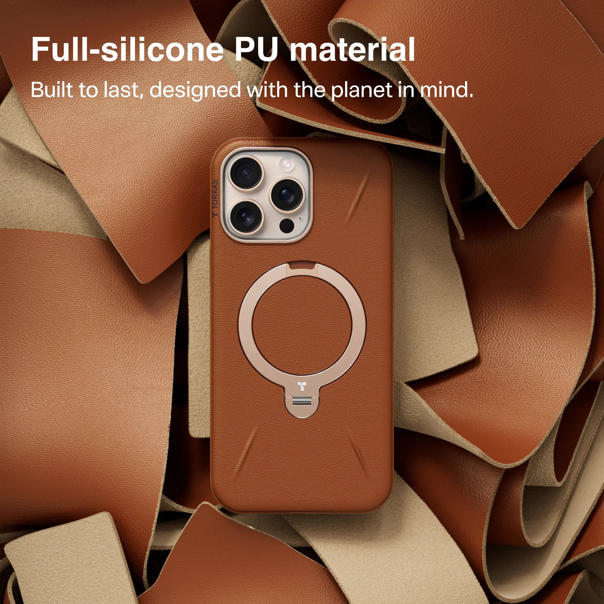 TORRAS Ostand Q3 VegSkin case: Full-silicone PU, magnetic stand for iPhone 16 Pro.