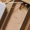 TORRAS Ostand Q3 VegSkin iPhone 16 Pro case interior, velvet lining with 'MAKE YOUR STAND' logo.
