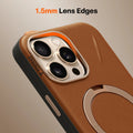 Brown TORRAS Ostand Q3 VegSkin case for iPhone 16 Pro with ring stand & 1.5mm lens edges.