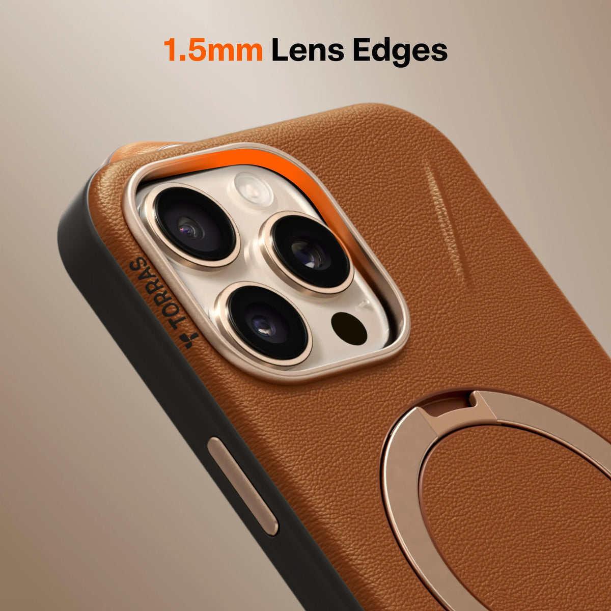 Brown TORRAS Ostand Q3 VegSkin case for iPhone 16 Pro with ring stand & 1.5mm lens edges.