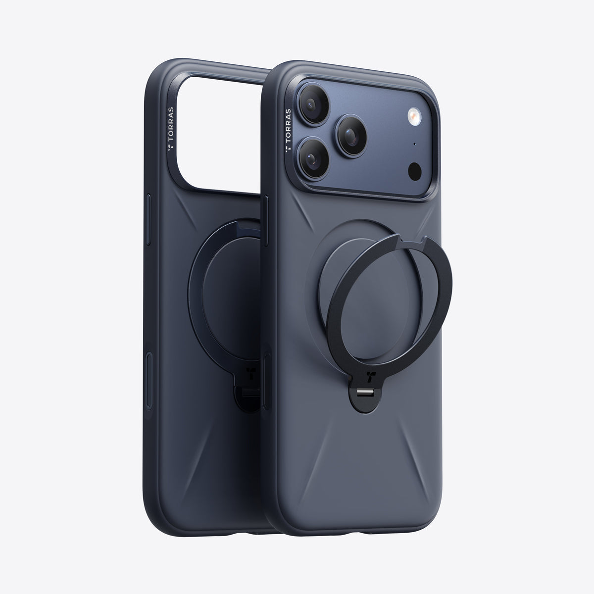 TORRAS Ostand Q3 dark blue silicone case for iPhone 17 Pro Max with ring stand