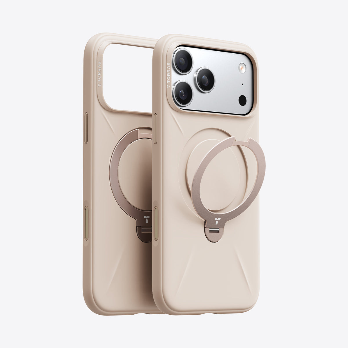 TORRAS Ostand Q3 beige silicone iPhone 17 Pro Max magnetic stand case.