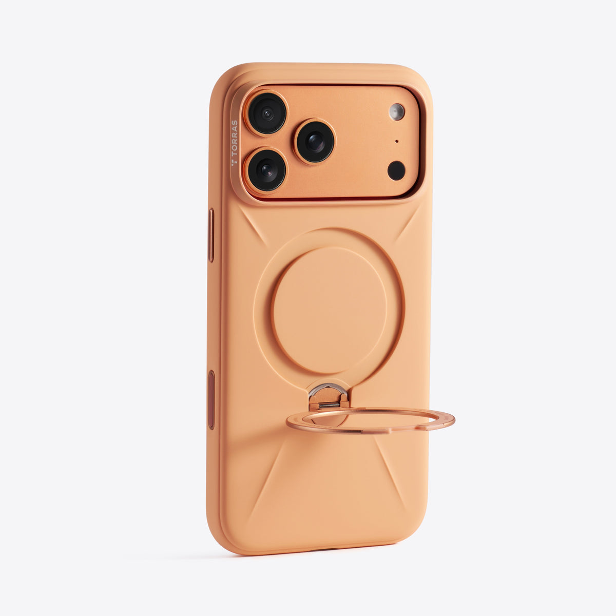 TORRAS Ostand Q3 peach silicone case with rose gold magnetic ring stand for iPhone 17 Pro Max