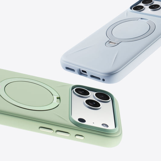 TORRAS Ostand Q3 silicone cases in light green and light blue for iPhone 17 Pro Max, with magnetic stand.