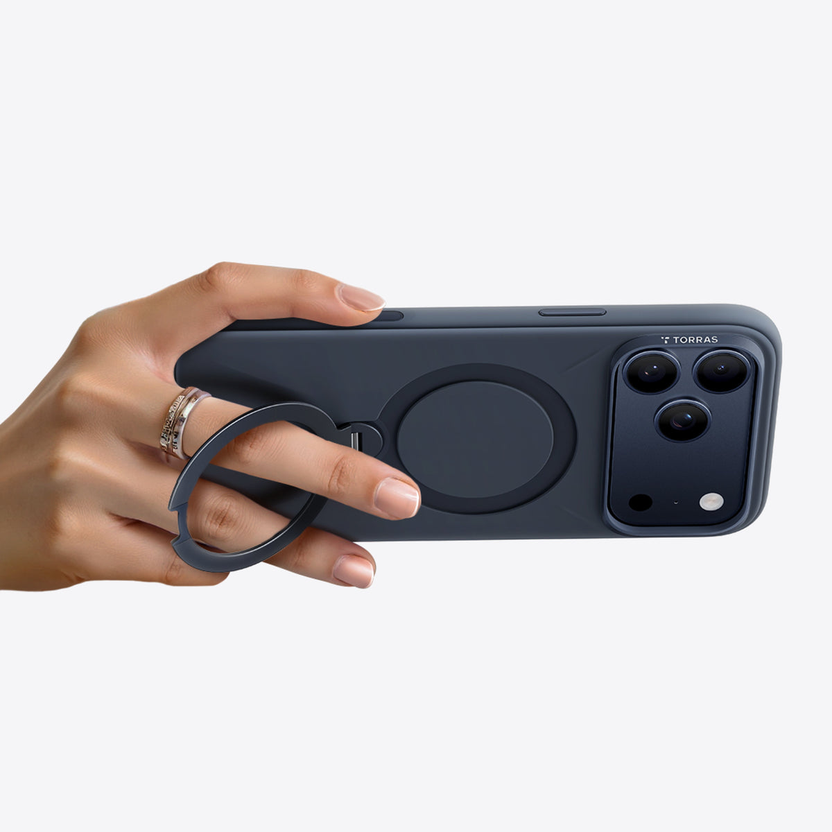 Dark grey TORRAS Ostand Q3 silicone case for iPhone 17 Pro Max with magnetic ring stand.