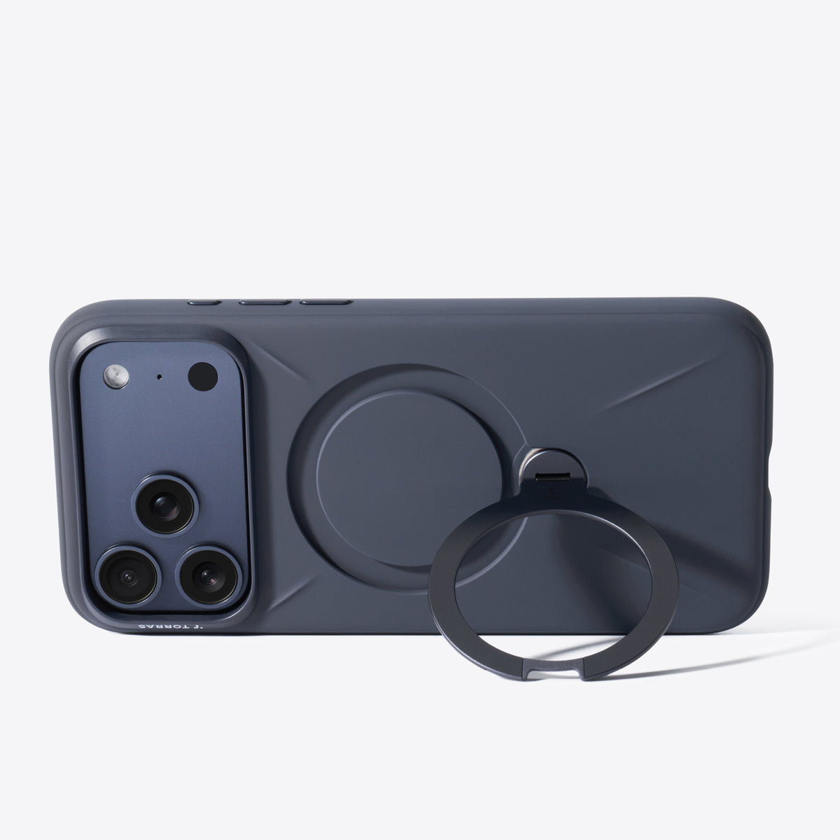 TORRAS Ostand Q3 Silicone case for iPhone 17 Pro Max, charcoal, with ring stand.