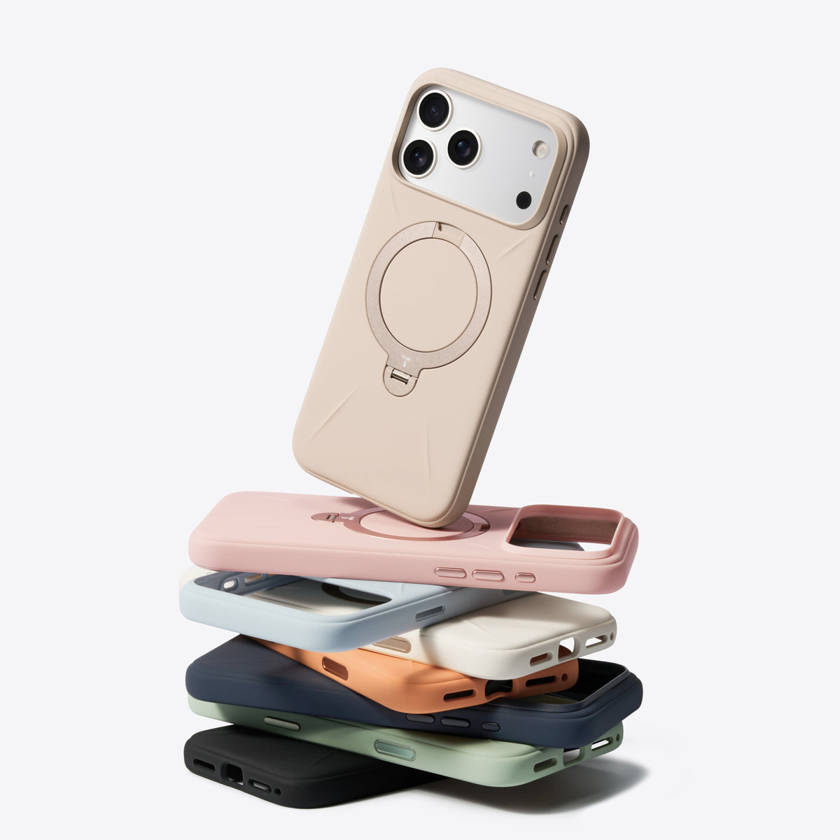 TORRAS Ostand Q3 silicone iPhone 17 Pro Max cases in multiple colors, beige with magnetic stand.